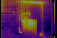 Thermal imaging camera view used for leak detection on heating pipework