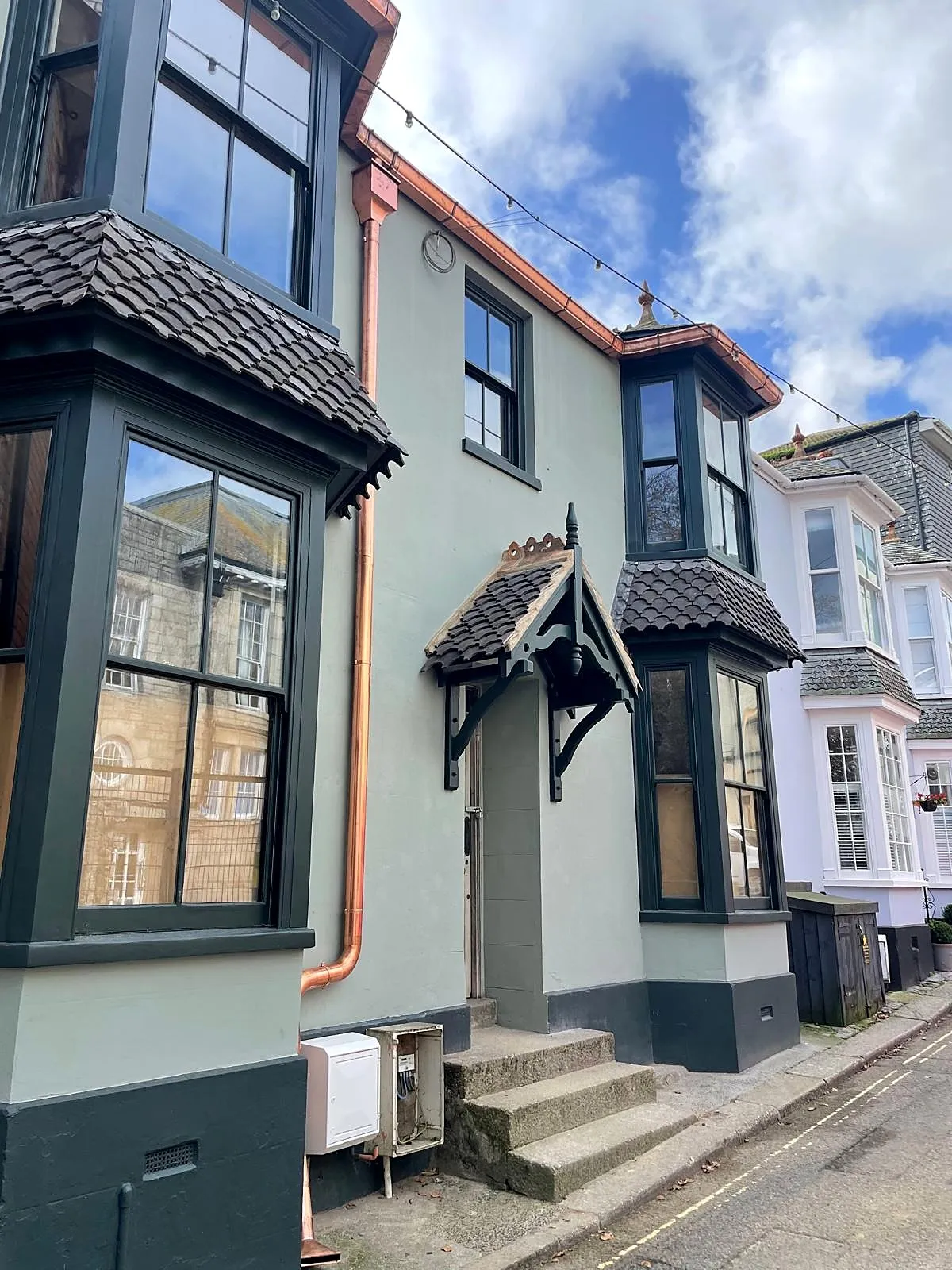 Finished copper guttering and downpipe on a period terrace