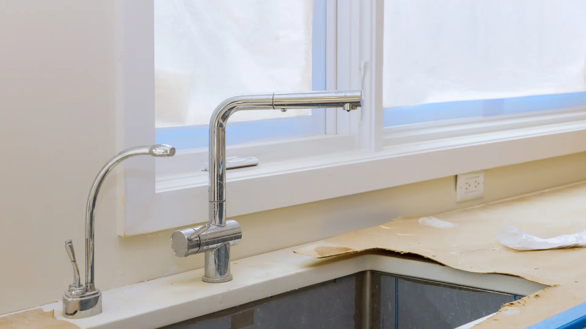 New chrome kitchen mixer tap fitted over a sink